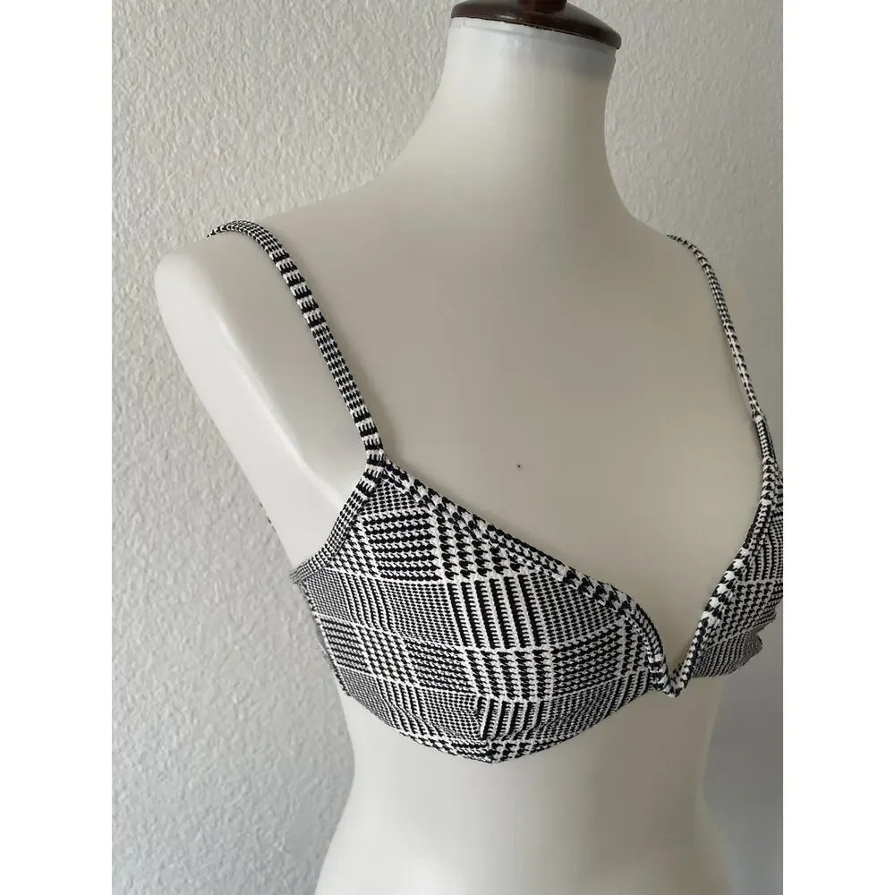 L*Space Swim Bikini Top Plunge Plaid Ivory Black Swimwear